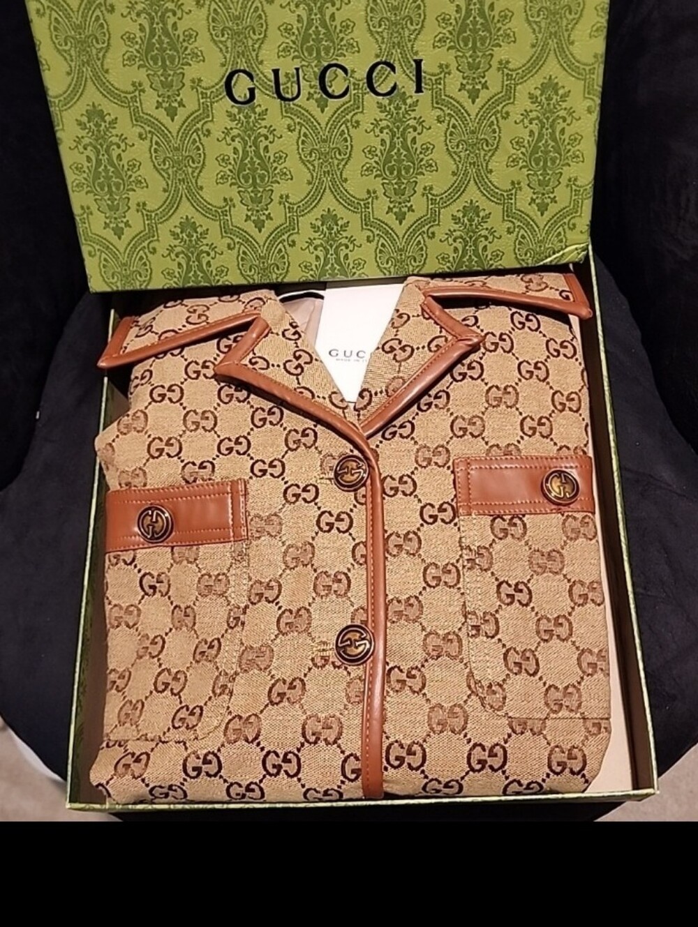 Designer Tan GG Monogram Leather-Trim Belted Blazer - Picture 4 of 10